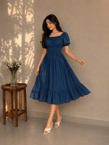DRESSVIBE Women Fit and Flare Dark Blue Midi/Calf Length Dress