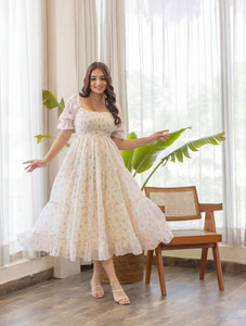Dream Tree Women Fit and Flare White Midi/Calf Length Dress