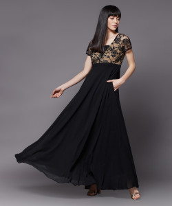 Miss Chase Women Fit and Flare Black, Gold Maxi/Full Length Dress