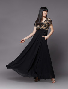 Miss Chase Women Fit and Flare Black, Gold Maxi/Full Length Dress