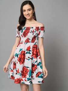 Emeros Women Gathered White, Red Above Knee/Mid Thigh Length Dress