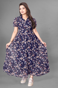 ANTRA Women Pleated Blue Maxi/Full Length Dress