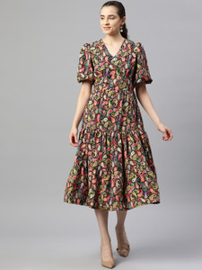PLUSS Women Fit and Flare Multicolor Midi/Calf Length Dress