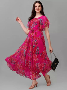 Priya Collection Women Fit and Flare Pink Maxi/Full Length Dress