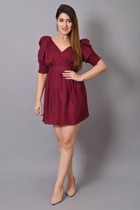 VYMO Women Fit and Flare Maroon Mini/Short Dress