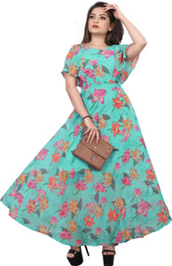 JYOTESTORE Women Fit and Flare Multicolor Maxi/Full Length Dress