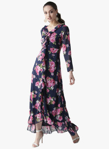 La Zoire Women Ruffled Dark Blue, Green, Pink Maxi/Full Length Dress