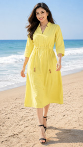 DSK STUDIO Women A-line Yellow Below Knee Dress