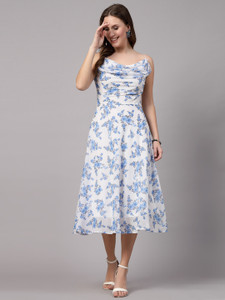 Herway Women Fit and Flare Grey, White, Light Blue Midi/Calf Length Dress