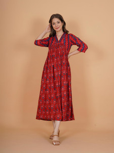 INDIANIC Women Fit and Flare Red Midi/Calf Length Dress