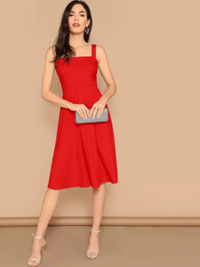 Gurways Women Fit and Flare Red Below Knee Dress