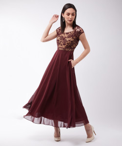 Miss Chase Women Maxi Maroon, Beige Full Length Dress