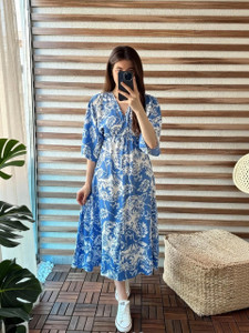 MANOJAVA Women Fit and Flare Light Blue Below Knee Dress