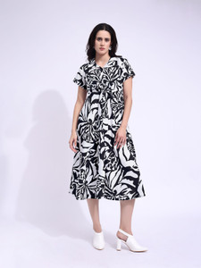 PURVAJA Women Fit and Flare Black, White Below Knee Dress