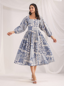 Janasya Women Gathered White Midi/Calf Length Dress