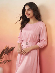 Janasya Women A-line Pink Below Knee Dress
