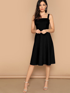 Aahwan Women Fit and Flare Black Below Knee Dress
