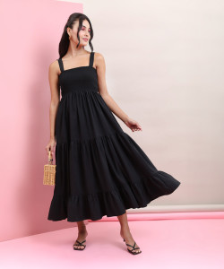 Tokyo Talkies Women Layered Black Midi/Calf Length Dress