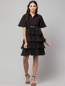 OCEANISTA Women Layered Black Above Knee/Mid Thigh Length Dress