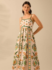 Honky Tonky Women Fit and Flare Beige, Green Maxi/Full Length Dress