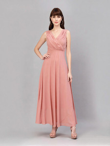 AAYU Women Fit and Flare Pink Maxi/Full Length Dress