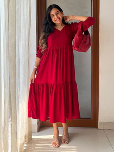 Janasya Women Tiered Red Midi/Calf Length Dress
