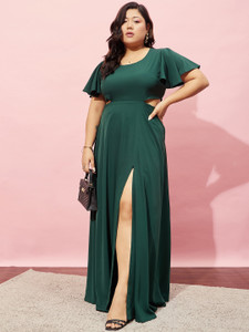 green emerald velvet dress Women Olive Green & White Tropical Printed Off-Shoulder Neck Front Cut-Out  Cotton Bodycon Mini Dress main image 0