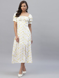 AAYU Women A-line Yellow, White Midi/Calf Length Dress