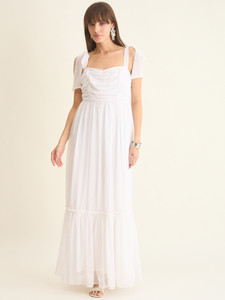 AAYU Women Layered White Maxi/Full Length Dress