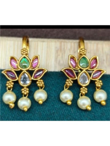 CHICLY Gold Plated Lotus Bugadi Earrings for Women Kundan,Ruby & Emerald Stones Brass Cuff Earring