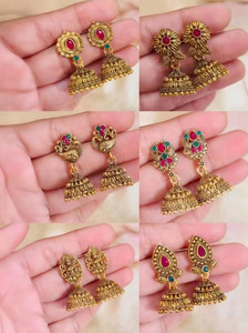 Vigilantee Jewels Antique Temple Jhumki combo set of 6 traditional gold plated alloy minimal Cubic Zirconia, Pearl, Beads Alloy Chandbali Earring, Drops & Danglers, Earring Set, Jhumki Earring, Plug Earring