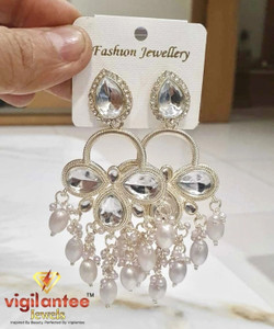 Vigilantee Jewels White Pearl Kundan Mirror Beads White Gold Plated Drop And Danglers Earrings Set Pearl, Beads Alloy Drops & Danglers, Chandbali Earring, Rhinestone Studs, Jhumki Earring