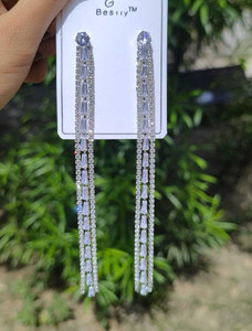 SHYAM Ad stone Silver Long Chain Partywear Tassel Earrings Zircon Alloy Tassel Earring, Drops & Danglers