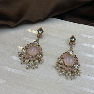 DAZZLE CRAFT Traditional Designer Earrings with Pearl Drops Baby Pink Crystal, Beads Brass Earring Set