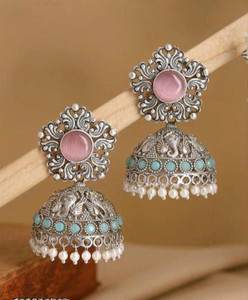 Shree jewell Handcrafted Antique Oxidised silver pearl Jhumkas with stone & beads earrings Pearl Alloy Jhumki Earring
