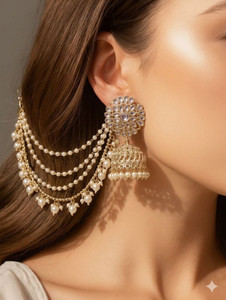 RAAYA Gold Plated Kundan Pearl Jhumka Earrings with Chain Alloy Jhumki Earring