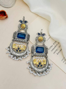 अकेंटरप्राइज Antique Oxidised Silver Earrings with Red Stone & Peacock Pearl Drops अलॉय Chandbali Earring