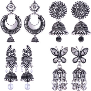 MEENAZ oxidised earrings jhumki silver combo party stylish simple small jhumka 4 set Beads, Pearl, Cubic Zirconia, Diamond Brass, Enamel, Copper, Zinc, Stone Drops & Danglers, Jhumki Earring, Chandbali Earring, Earring Set