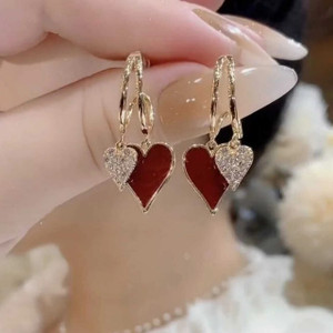 SHINE ZONE Maroon Golden Heart Stone Earring Unique & Stylish Earring for Women and Girl Cubic Zirconia Alloy Drops & Danglers