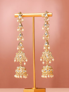 रुबन्स 18K Gold-Plated White Kundan & Cream Pearl Beaded Long Jhumka Extensions Brass Jhumki Earring