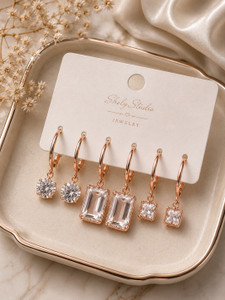 ShelyStudio Silver Plated Zircon Hoop Drop Earrings Set of 3 Pairs Alloy Drops & Danglers