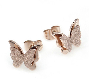 Nilu's Collection Dual Butterfly Stainless Steel Rhinestone Real Rose Gold Stud Earrings Metal Stud Earring