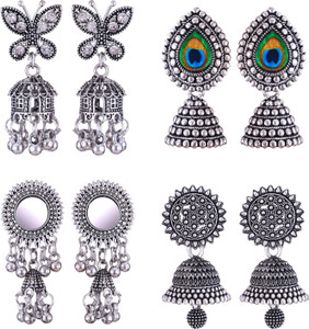 MEENAZ oxidised earrings jhumki silver combo party stylish simple small jhumka 4 set Beads, Pearl, Cubic Zirconia, Diamond Brass, Enamel, Copper, Zinc, Stone Drops & Danglers, Chandbali Earring, Earring Set, Jhumki Earring