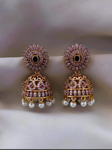 PBM CREATIONS GOLD PLATED AD STONE WEDDING JHUMKI / HOOPS / PEARL STUD / KOREAN EARRING Copper Drops & Danglers, Jhumki Earring