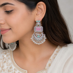 MISHWA Oxidised Silver-Plated Pink & Mint Green Stone Kundan Pearl Tassel for Women Alloy Chandbali Earring