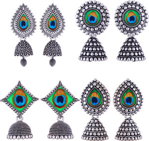 MEENAZ silver earrings jhumki combo oxidised earrings jhumka south indian temple party Beads, Pearl, Cubic Zirconia, Diamond Brass, Enamel, Copper, Zinc, Stone Drops & Danglers, Chandbali Earring, Earring Set, Jhumki Earring