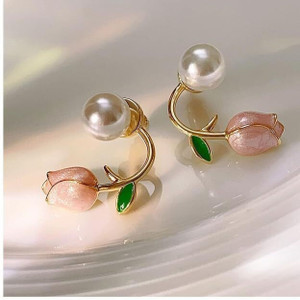 ABC Girls Tulip Pearl korean Earring in gold plated (pink) Pearl Alloy Plug Earring