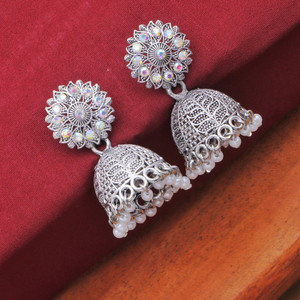 IFQARA Ethnic Fancy Light Weight Pearl Silver Platted Oxidized Earrings Crystal, Beads Alloy Jhumki Earring
