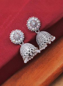 IFQARA Ethnic Fancy Light Weight Pearl Silver Platted Oxidized Earrings Crystal, Beads Alloy Jhumki Earring