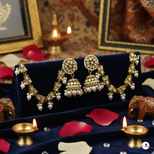 GetBling Gold-Plated Bahubali Jhumka Earrings with Side Chain | Cubic Zirconia, Pearl Alloy Jhumki Earring